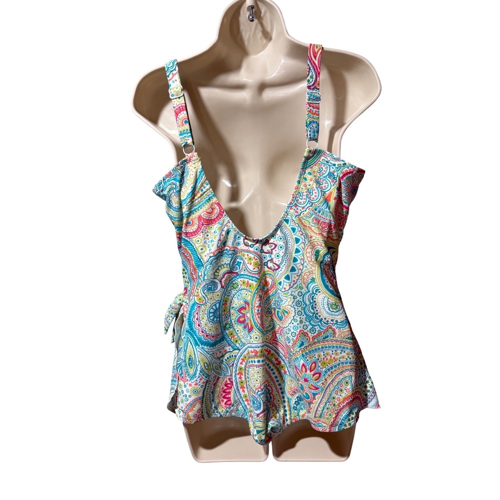 Roxanne Paisley One Piece Swimdress Size 14 38DD Blue Pink Multi Color Tie Side - Picture 3 of 9